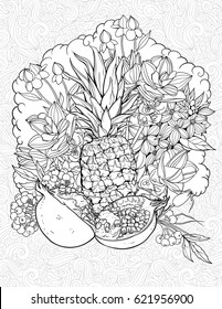 Floristic coloring page with pineapple and pommegranate