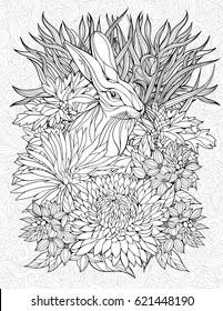 Floristic coloring page with a rabbit