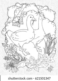 Floristic coloring page with two walking gooses