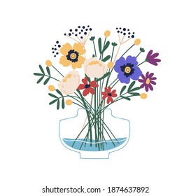 Floristic composition of beautiful garden and meadow flowers in glass vase. Elegant bouquet of wildflowers. Bunch of peonies, anemones, craspedia. Flat vector cartoon illustration isolated on white