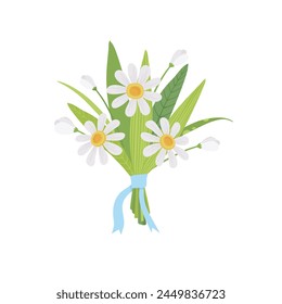 Floristic composition of beautiful garden and meadow flowers with blue ribbon. Elegant bouquet of wildflowers. Bunch of white flowers, anemones, craspedia. Flat vector cartoon illustration isolated on