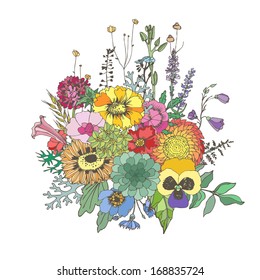 Floristic composition. Bouquet of wildflowers. Vector hand drawn illustration.