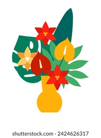 Floristic composition of exotic paradise flowers in a ceramic vase. Vivid bouquet in minimal style. Lush bunch of anthurium, lilies, palm leaves, monstera and analia. Flat vector illustration