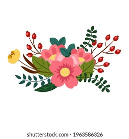 Floristic composition of flowers, leaves and berries. Vector illustration in a flat style.