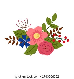 Composición florística de flores, hojas y bayas. Ilustración vectorial en un estilo plano.