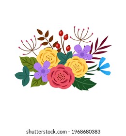 Floristic composition of flowers, leaves and berries. Vector illustration in a flat style.