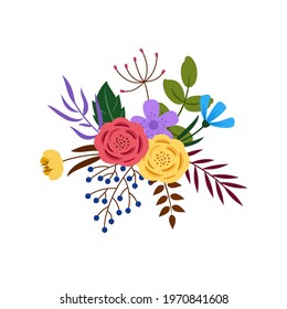 Floristic composition of flowers, leaves and berries. Vector illustration in a flat style.