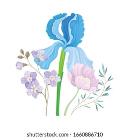 Floristic Composition with Purple Showy Iris Flower on Green Erect Stem Vector Illustration