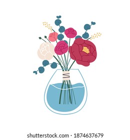 Floristic composition of ranunculus and eucalyptus garden flowers in glass vase. Beautiful spring bouquet. Bunch of blooming plants. Flat vector cartoon illustration isolated on white