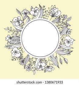 Floristic decor flower frame greeting card template vector bud and leaves wedding invitation or postcard mockup botany and greenery empty or blank space round framework monochrome spring blossom