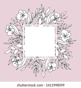 Decoración florística marco floral tarjeta de felicitación plantilla en blanco vectorial bud y deja la invitación de boda o la botánica de mofa postal y vegetación espacio vacío o en blanco marco cuadrado monocromo flor