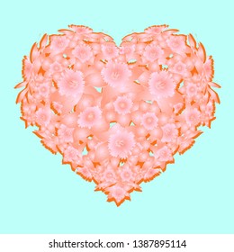 Floristic greeting card design with hand drawn flowers in shape of heart. Colorful coral botanical elements isolated on light blue background. For floral design