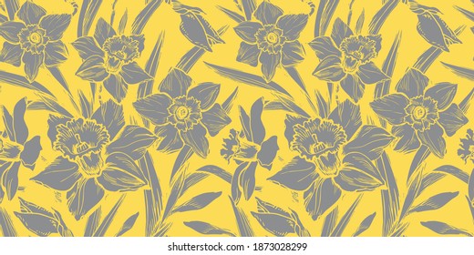 Patrón florístico sin costuras con siluetas grises cerradas de flores daffodil en flor total. Colores de tendencia gráfico vectorial dibujado a mano. Plantilla para textiles, papel pintado, ropa de cama, diseño floral.