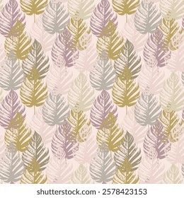 Floristic seamless pattern. Graceful leaves directed vertically upward on a pale pink background. Shades of earthy green, lilac and pale beige.