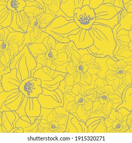 Floristic seamless pattern with outline gray daffodil flowers in full bloom on yellow illuminating. Colors trend hand drawn vector graphic. Template for textile, wallpaper, bedding, floral design.