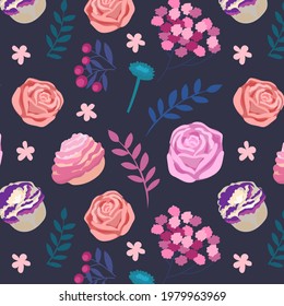 Floristic seamless pattern with roses, berries, leaves and flowers. On dark background. Vector illustration. Botanical ornament for paper, textile and web design. Nature, plants, blossom, beautiful.