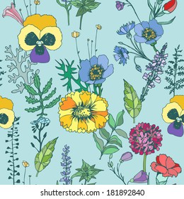 Floristic seamless texture. Bouquet of wildflowers. Vector hand drawn illustration. 