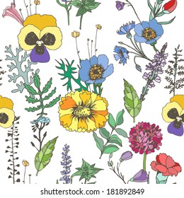 Floristic seamless texture. Bouquet of wildflowers. Vector hand drawn illustration. 