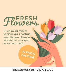 Floristic service, bouquets delivery advertisement poster or promo. Fresh flowers always on time. Decoration and ordering blossoms composition. Bunch of blooming tulips. Vector in flat style