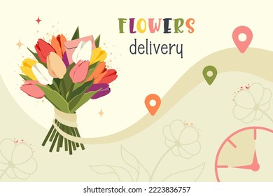 Floristic service, fast flowers delivery. Decoration and ordering flower composition. Bunch of blooming tulips with wish, watch, location icon. Vector flat illustration for gift, online order