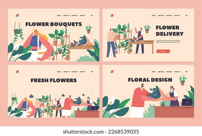Floristic Store Landing Page Template. Flower Shop Interior with Customers Choosing and Buying Fresh Flower Bouquets, Florist Women Making Design Compositions. Cartoon PeopleVector Illustration