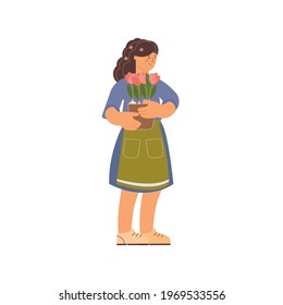 Floristics flat composition with human character of female florist holding flowers in pot on blank background vector illustration