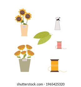 Floristics flat composition with isolated image of flower pots and stitching on blank background vector illustration