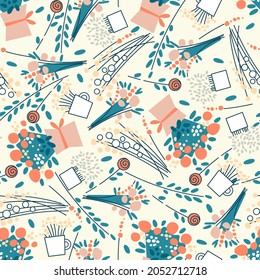 Patrón de floristería sin fisuras en un fondo amarillo claro. Pequeños ramos primitivos, flores y macetas de flores. Colores Pastel, diseño plano, vector.