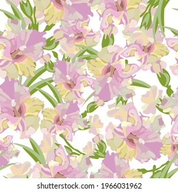 floristics soft pink gladioli with leaves on a white background seamless pattern vector