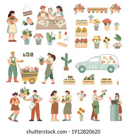 Floristry big flat set with farm nursery flower arrangement bouquets gifts delivery van shop seller customer vector illustration