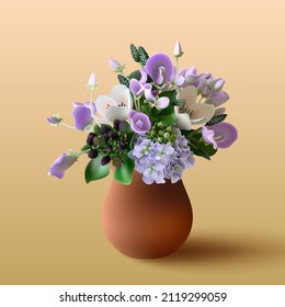 Floristry. A bouquet of spring flowers. Vector illustration of realistic delicate spring flowers arranged in a vase in the form of a bouquet on a light background.