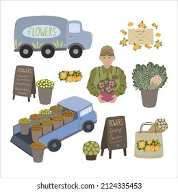 Floristry cartoon vector illustration. Set of elements for flower delivery. Flower delivery van, truck, courier, flowers. flat style