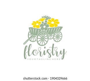 Floristry, flowers, old wooden cart and dray with wheels, logo design. Plant, floral, garden, floriculture and flower beds, vector design and illustration