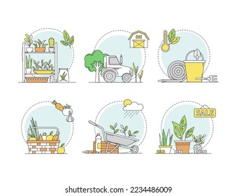 Floristry, gardening and plant care symbols set. Potted plants, seedlings, agriculture, garden tools vector illustration
