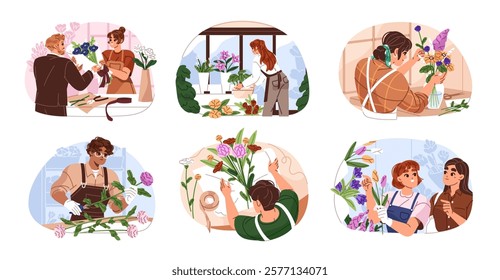 Floristry set. Professional florists assembling bouquets, make floral arrangements, cut flowers. Sellers sell posies, care about houseplants in store. Flat isolated vector illustrations on white