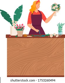 Floristry shop vector illustration. Cartoon flat beautiful young woman florist assistant standing at table, making bouquet of flowers and plants. Hand drawn floristics hobby activity isolated on white