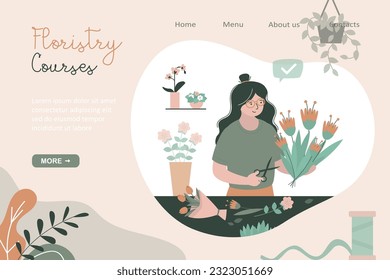 Floristry web courses, landing page template. Training in correct composition of beautiful bouquets. Flower arrangements from online bloggers. Creative natural still lifes from fresh flowers. Vector