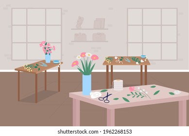 Floristry workshop flat color vector illustration. Learn hobby. Floral arrangements. Making bouquets in vases. Flower shop interior 2D cartoon interior with furniture on background