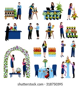 Florists arranging cut flowers and decorating wedding arch with roses flat icons set abstract isolated vector illustration