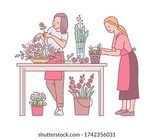 Florists female cartoon characters working with cutted flowers, sketch vector illustration isolated on white background. Flower store or floristic exhibition workers.