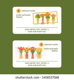 Florists and flower shop vector illustration for visiting card. Cartoon isolated flowers and plants set. Floristic compositions in pots and vases.