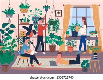 Florists and house full of indoor plants in pots vector. Greenery and vegetation, botany and floristry, watering can and scissors, room, men and women