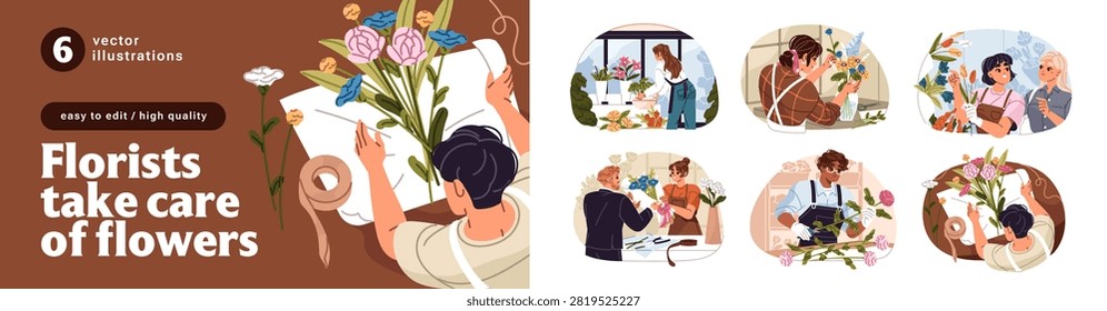 Florists set. People care about flowers and assemble bouquets for customers in floristry store. Sellers create posies and sell them to buyers in shops. Flat isolated vector illustrations on white