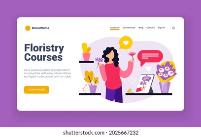 Florists web courses. Training in correct composition of beautiful bouquets. Flower arrangements from online bloggers. Creative natural still lifes from fresh flowers. Vector landing page flat banner