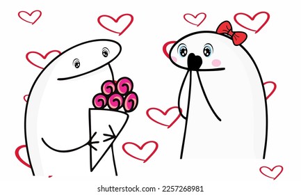 Flork meme or deformed meme for Valentin's day with hearts as background very romantic