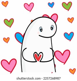 Flork meme or deformed meme for Valentin's day with hearts as background very romantic
