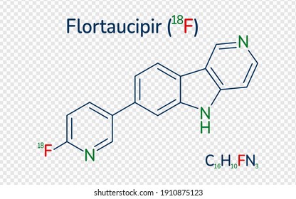 Flortaucipir 18 F skeletal formula vector illustration. Molecular structure radioactive diagnostic agent. Can use for tau pathology, Alzheimer's disease, health, medical, and scientific designs.