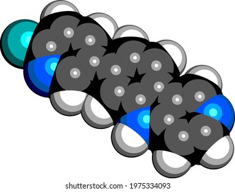 Flortaucipir (18F) diagnostic molecule. Radioactive diagnostic agent used for the imaging of tau pathology in Alzheimer's disease. 3D rendering. Atoms are represented as spheres.