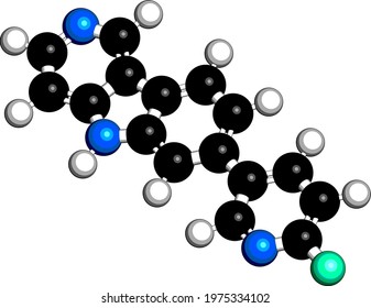 Flortaucipir (18F) diagnostic molecule. Radioactive diagnostic agent used for the imaging of tau pathology in Alzheimer's disease. 3D rendering. Atoms are represented as spheres.