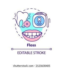 Floss concept icon. Preventing gum disease abstract idea thin line illustration. Removing food and plaque between teeth. Isolated outline drawing. Editable stroke. Arial, Myriad Pro-Bold fonts used